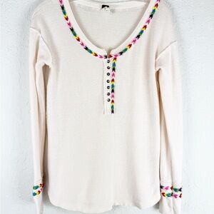 Free People Rainbow Embroidered  Stitch long Sleeve Henley Top Small